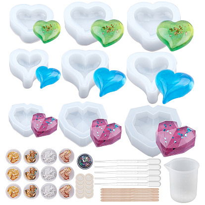 Ювелирные изделия, с силиконовыми формами в виде сердца и мерной чашкой, блестки и золотая серебряная фольга, для уф-смолы, изготовление ювелирных изделий из эпоксидной смолы