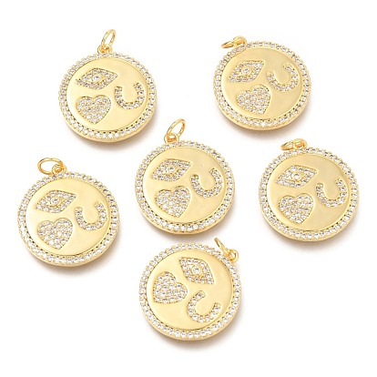 Brass Micro Pave Clear Cubic Zirconia Pendants, with Jump Rings, Flat Round with Eye & Heart & You