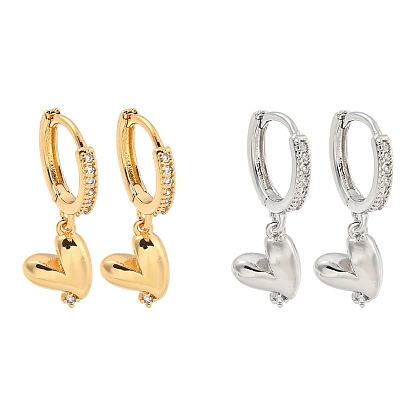 Heart Brass Micro Pave Clear Cubic Zirconia Huggie Hoop Dangle Earrings for Women
