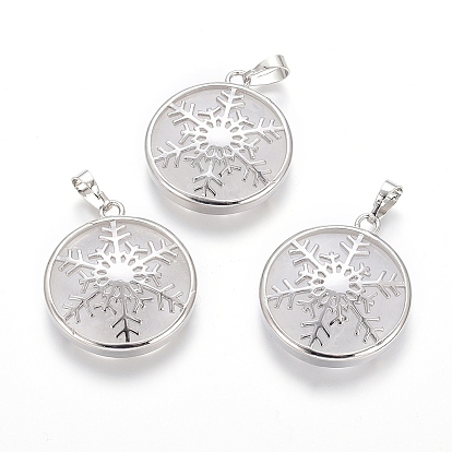 Драгоценный камень подвески, с латунной фурнитурой платинового цвета, плоские круглые со снежинкой