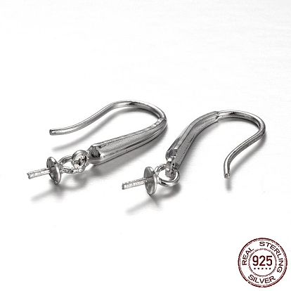925 Sterling Silver Earring Hooks, with Cup Pearl Bail Pin for Half Drilled Beads, 19x3x8mm, 21 Gauge, Pin: 0.7mm
