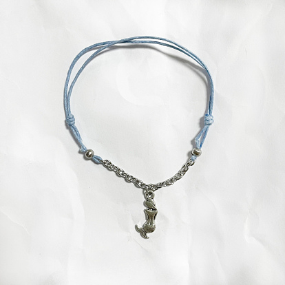 Tibetan Style Alloy Mermaid Charm Bracelets, with Waxed Cotton Cord and 304 Stainless Steel Cable Chains, Light Blue