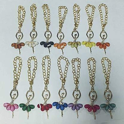 14Stück 14Farben Ballerina Mädchen Legierung Strass & Harz Tasse Charms, mit Eisenkette und Karabinerverschlüssen aus Legierung
