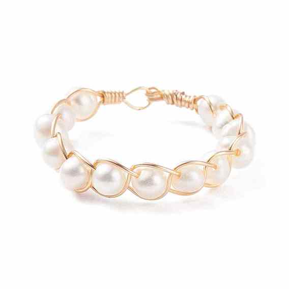Natural Pearl Braided Finger Ring, Wire Wrapped Ring for Women, Golden