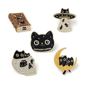 Black Cat Book Moon Spaceship Enamel Pins, Light Gold Alloy Brooch for Backpack Clothes