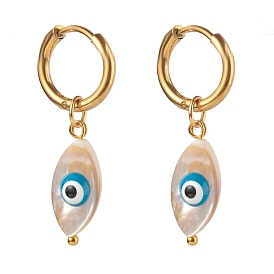 304 Stainless Steel Huggie Hoop Earrings, with Natural Shell Beads, Horse Eye with Evil Eye, Dodger Blue