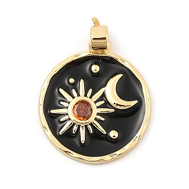 Rack Plating Brass Rhinestone Pendants, with Enamel, Flat Round with Moon & Sun Charm, Real 18K Gold Plated