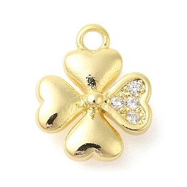 Rack Plating Brass Micro Pave Cubic Zirconia Charms, Long-Lasting Plated, Lead Free & Cadmium Free, Clover