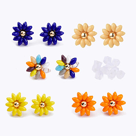 Seed Beads Stud Earrings, with 304 Stainless Steel Earring Findings and Ear Nuts, Flower, Golden