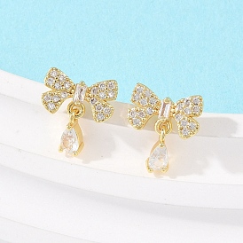 Серьги-гвоздики с бантом из латуни с микропаве из прозрачных кубических цирконий, стойки покрытие, долговечный, без кадмия и без свинца