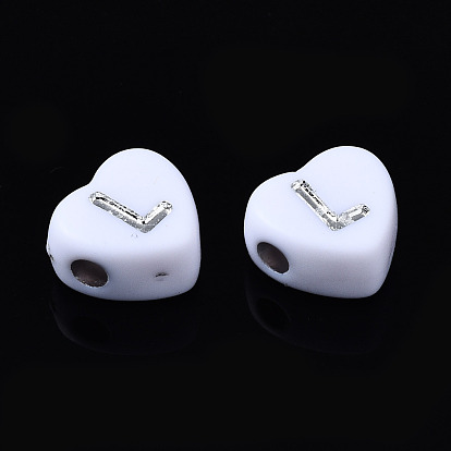 Perles acryliques blanches opaques, coeur avec des lettres aléatoires argentées