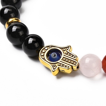 Hamsa Hand /Hand of Miriam with Evil Eye Bracelet, Round Natural Black Onyx & Mixed Stone Beads Stretch Bracelet, 7 Chakra Jewelry for Gift