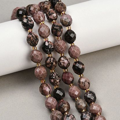 Природные родонит бисер нитей, граненые, овальные, с бисером