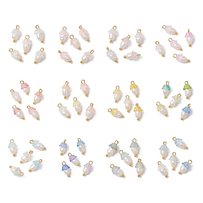 12шт. цветочные акриловые подвески, с латунными штифтами с шаровидной головкой и бусиной из натурального культивированного пресноводного жемчуга, матовые