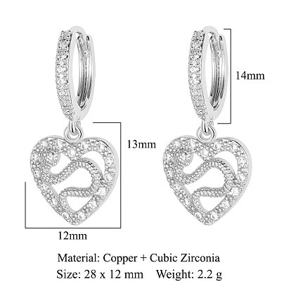 Brass Micro Pave Clear Cubic Zirconia Hoop Earrings, Hollow Heart with Snake Dangle Earrings for Women