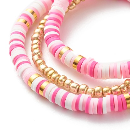 PandaWhole Handmade Polymer Clay Heishi Beads Stretch Bracelets Set, Heart Mom Word Acrylic Beads Bracelets, Brass Round Beads Bracelets for
