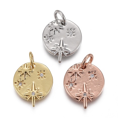 Brass Micro Pave Clear Cubic Zirconia Charms, with Jump Ring, Long-Lasting Plated, Flat Round with Shining Star