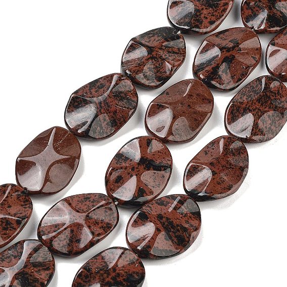 Naturelles acajou obsidienne brins de perles, ondulée ovale plat