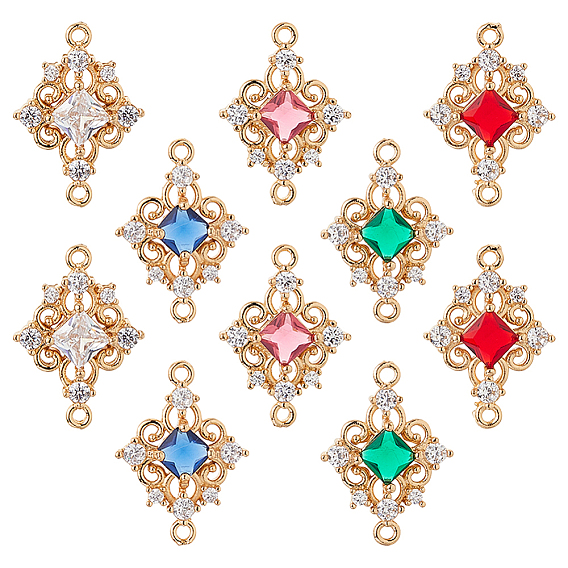 10 шт. 5 цвета латунь паве прозрачные кубические цирконии и стеклянные полые ромбовидные соединительные подвески, золотой свет