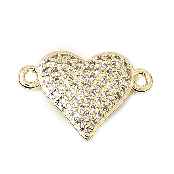 Brass Micro Pave Clear Cubic Zirconia Connector Charms, Heart Links, Rack Plating, Long-Lasting Plated, Cadmium Free & Lead Free