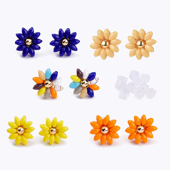 Seed Beads Stud Earrings, with 304 Stainless Steel Earring Findings and Ear Nuts, Flower, Golden