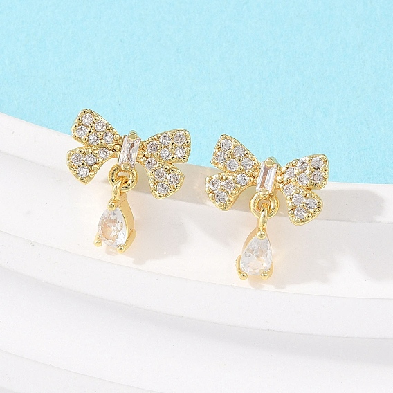 Серьги-гвоздики с бантом из латуни с микропаве из прозрачных кубических цирконий, стойки покрытие, долговечный, без кадмия и без свинца
