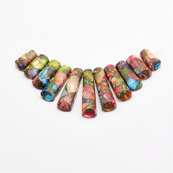 Assembled Gold Line and Imperial Jasper Beads Strands, Graduated Fan Pendants, Focal Beads, Dyed