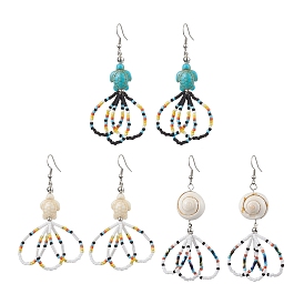 3 Pairs Flower Glass Seed Beaded Dangle Earrings for Women, with Tortoise Synthetic Turquoise and Natural Shell, Mixed Shapes, Stainless Steel Color