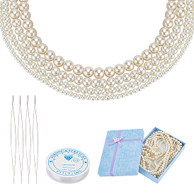 DIY Stretch Bracelets Making Kits, include Stainless Steel Big Eye Beading Needles, Glass Pearl Beads, Clear Elastic Crystal Thread and Cardboard Boxes, Round