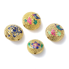 Rack Plating Brass Enamel Beads, Long-Lasting Plated, Cadmium Free & Lead Free, Real 18K Gold Plated, Flat Round with Flower