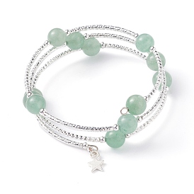 Круглый браслет из бисера из натурального смешанного камня, 3 каменный браслет с петлями, крошечный браслет с подвеской в виде звезды для женщин, платина