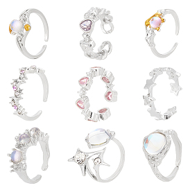 9шт. 9 набор из латуни и сплава с открытыми манжетами в форме сердца, капли и летучей мыши, штабелируемые кольца из стекла, смолы и кубического циркония
