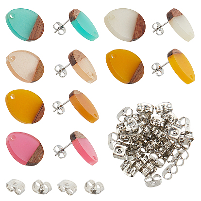 Resin & Walnut Wood Stud Earring Findings, with 304 Stainless Steel Pin, Teardrop