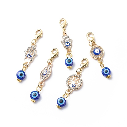 Evil Eye Theme Pendant Decorations, Alloy Rhinestone & Brass Clip-on Charms, Lobster Clasp Charms, Hamsa Hand/Eye/Tree of Life