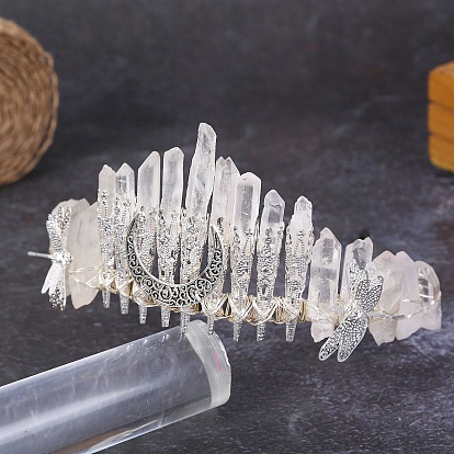 Moon Dragonfly Metal Hair Bands, Natural Quartz Wrapped Hair Hoop for Bridal Crown Hair Accessories