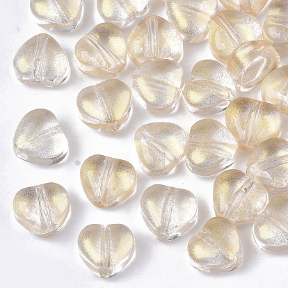Transparent Spray Painted Glass Beads, with Glitter Powder, Heart