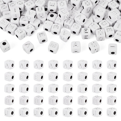150 шт 5 стили непрозрачные акриловые бусины, куб с буквой aeiou, серебристого металла, обвитыми