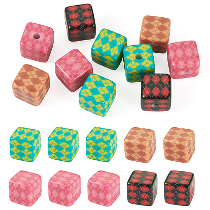 Печатные непрозрачные акриловые бусины, куб с ромбовидным узором