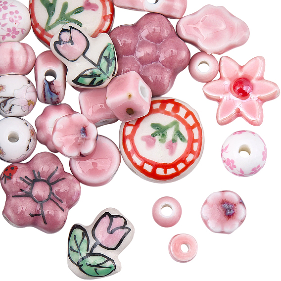 30шт 15 стили фарфоровые бусины ручной работы, яркие глазированный фарфор, разнообразные