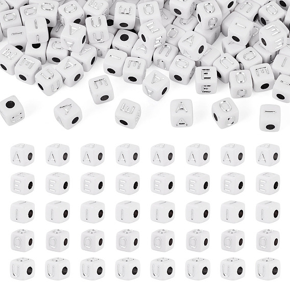 150Pcs 5 Styles Opaque Acrylic Beads, Cube with Letter A E I O U, Silver Metal Enlaced