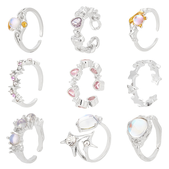 9шт. 9 набор из латуни и сплава с открытыми манжетами в форме сердца, капли и летучей мыши, штабелируемые кольца из стекла, смолы и кубического циркония