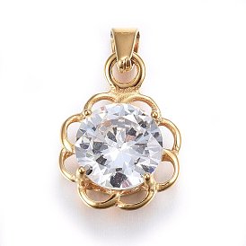 Cubic Zirconia Charms, with 304 Stainless Steel Findings, Flower, Clear