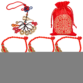 NBEADS Polyester Cord Bracelets & Chinese Knot Tassel Pendant Decorations Sets, with Brass & Resin & Wood Beads, Bell & Copper Cash
