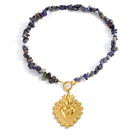 304 Кулон в виде священного сердца из нержавеющей стали, бусы из натурального содалита для женщин