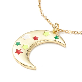 Enamel Crescent Moon with Star Pendant Necklace, 304 Stainless Steel Jewelry for Women, Golden