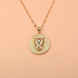 Geometric Copper Inlaid Zircon Leopard Head Pendant Necklace for Women, Trendy Gold Plated Animal Charm Jewelry