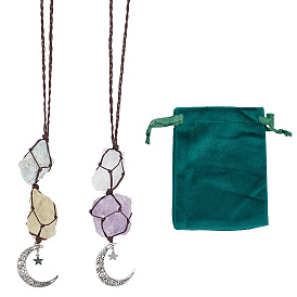 2шт 2 стиль хлопковые плетеные подвесные украшения, с бусинами из драгоценных камней и подвеской в виде луны из сплава, с бархатными мешочками для украшений