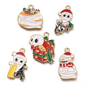 Christmas Theme Alloy Enamel Pendants, Golden, Santa Claus/Snowman/Gift Box/Pumpkin with Skull