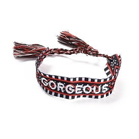Word Gorgeous Polycotton(Polyester Cotton) Braided Bracelet with Tassel Charm, Flat Adjustable Wide Wristband for Couple