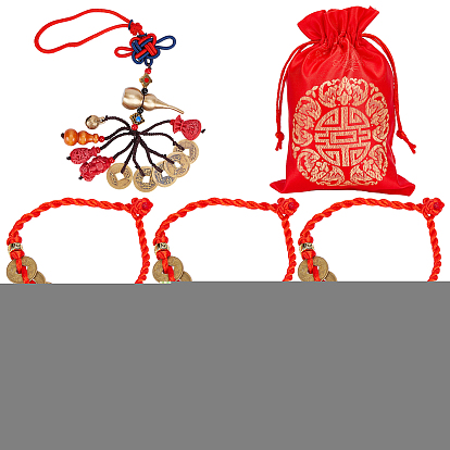 Polyester Cord Bracelets & Chinese Knot Tassel Pendant Decorations Sets, with Brass & Resin & Wood Beads, Bell & Copper Cash
